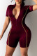 Burgundy Sexy Patchwork Zipper Contrast Zipper Collar Skinny Rompers