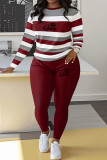 Red Casual Striped Print Letter Print Basic O Neck Long Sleeve Two Pieces