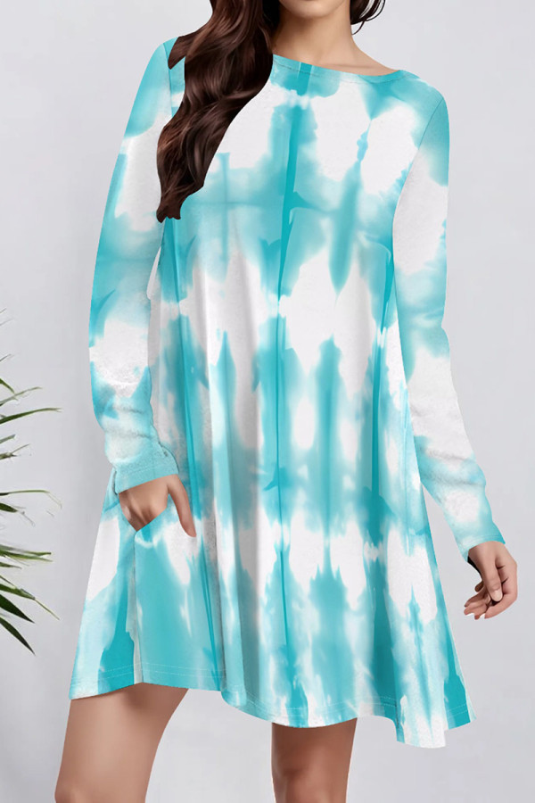 Baby Blue Casual Print Pocket Patchwork O Neck A Line Dresses