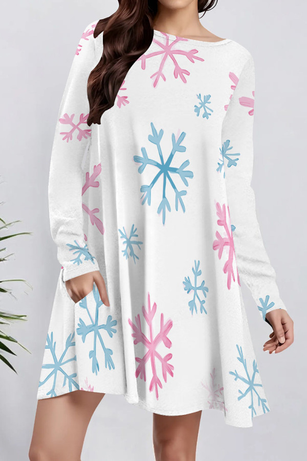 White Casual Print Pocket Patchwork O Neck A Line Dresses