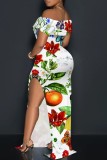 Deep Pink Casual Floral Print Patchwork Slit Off Shoulder Long Dresses