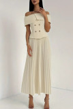Apricot Elegant Solid Color Buttons Patchwork Pleated Off Shoulder Short Sleeve Two Pieces