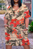 Green Casual Print Basic V Neck Short Sleeve Plus Size Dresses