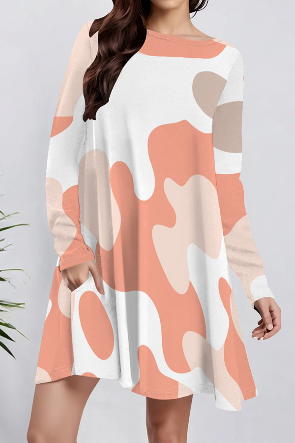 White Pink Casual Print Pocket Patchwork O Neck A Line Dresses