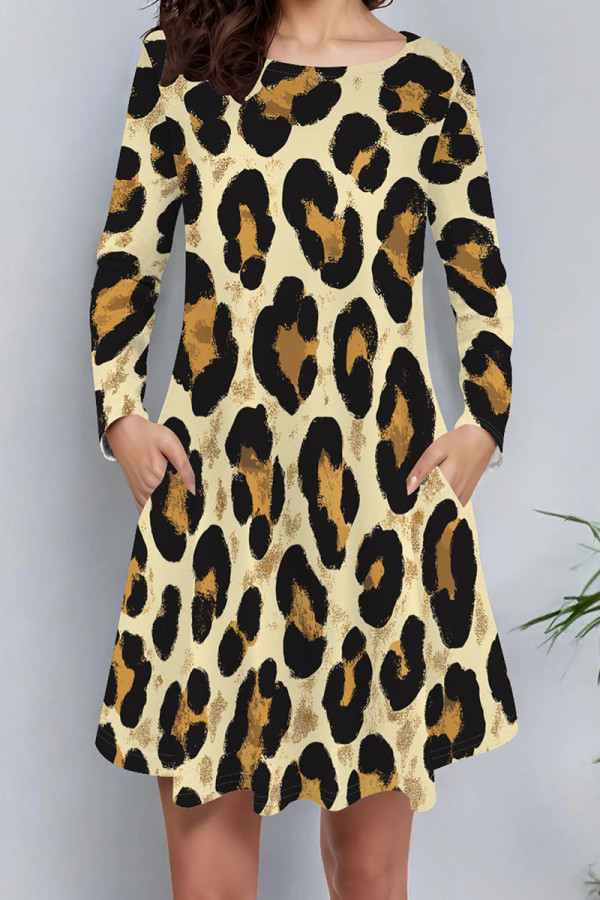 Leopard Print Casual Print Pocket Patchwork O Neck A Line Dresses