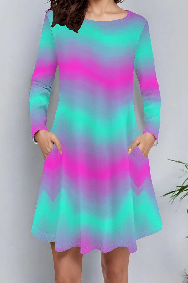 Purplish Blue Casual Print Pocket Patchwork O Neck A Line Dresses