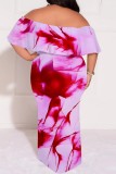 Multicolor Casual Print Patchwork Off Shoulder Long Plus Size Dresses