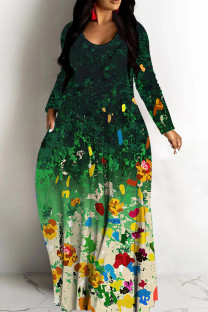 Dark Green Casual Print Basic V Neck Long Dresses