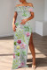 Green Casual Floral Print Patchwork Slit Off Shoulder Long Dresses