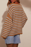 Black Brown Casual Stripe Patchwork Oblique Collar Tops