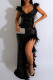 Black Elegant Solid Color Sequins Patchwork Feathers Backless Slit Spaghetti Strap Evening Dresses