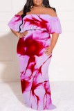 Multicolor Casual Print Patchwork Off Shoulder Long Plus Size Dresses
