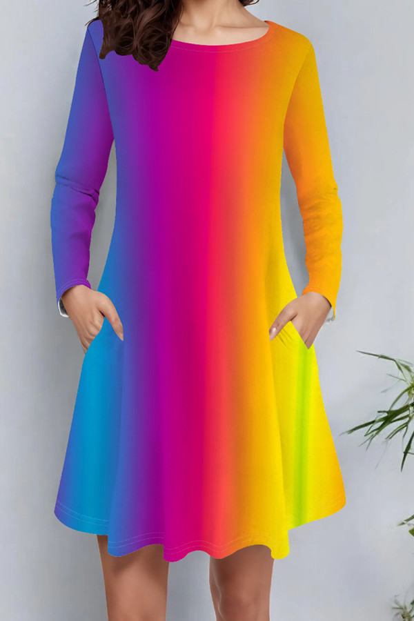 Rainbow Color Casual Print Pocket Patchwork O Neck A Line Dresses
