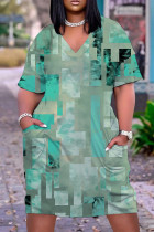 Cyan Casual Print Basic V Neck Short Sleeve Plus Size Dresses