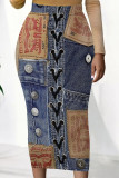 Deep Blue Casual Faux Denim Print Contrast Regular High Waist Full Print Bottoms