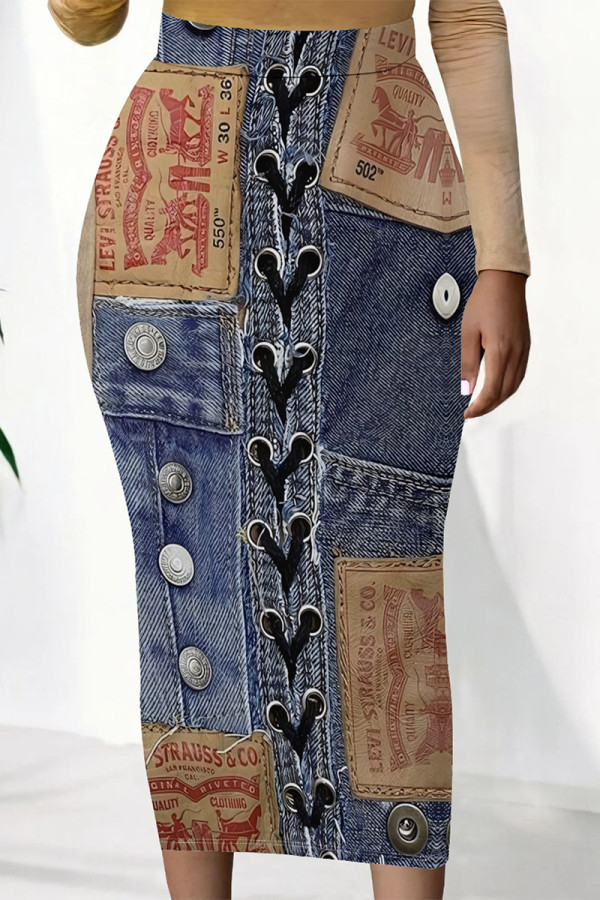 Deep Blue Casual Faux Denim Print Contrast Regular High Waist Full Print Bottoms