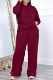 Burgundy Casual Solid Color Draw String Pocket Patchwork Slit Hooded Long Sleeve Two Pieces