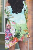 Baby Blue Casual Print Irregular Oblique Collar Plus Size Two Pieces