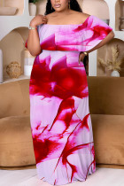 Rose Red Casual Print Patchwork Off Shoulder Long Plus Size Dresses