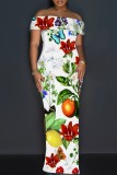 Deep Pink Casual Floral Print Patchwork Slit Off Shoulder Long Dresses