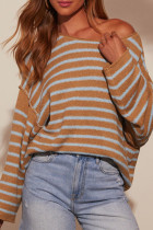 Orange Gray Casual Stripe Patchwork Oblique Collar Tops