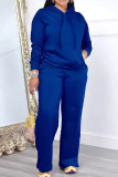 Deep Blue Casual Solid Color Draw String Pocket Patchwork Slit Hooded Long Sleeve Two Pieces