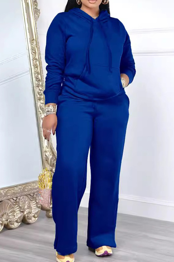 Deep Blue Casual Solid Color Draw String Pocket Patchwork Slit Hooded Long Sleeve Two Pieces