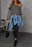Black Brown Casual Stripe Patchwork Oblique Collar Tops