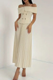 Apricot Elegant Solid Color Buttons Patchwork Pleated Off Shoulder Short Sleeve Two Pieces