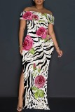 Deep Pink Casual Floral Print Patchwork Slit Off Shoulder Long Dresses
