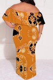 Multicolor Casual Print Patchwork Off Shoulder Long Plus Size Dresses