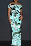 Deep Pink Casual Floral Print Patchwork Slit Off Shoulder Long Dresses