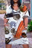 Green Casual Print Basic V Neck Short Sleeve Plus Size Dresses