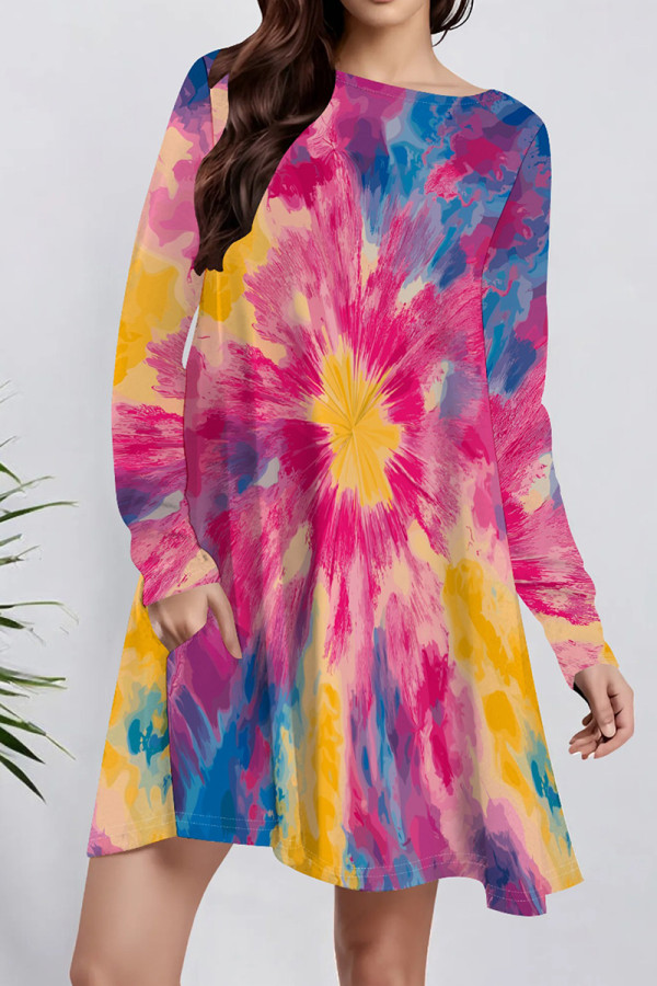 Colour Casual Print Pocket Patchwork O Neck A Line Dresses