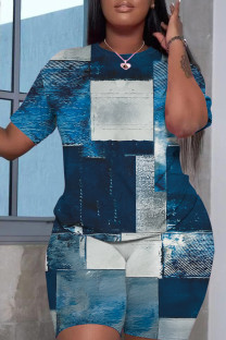 Blue Casual Print Basic O Neck Short Sleeve Two Pieces