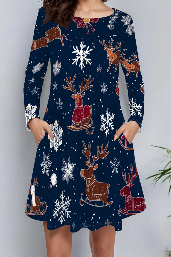 Dark Blue Casual Print Pocket Patchwork O Neck A Line Dresses