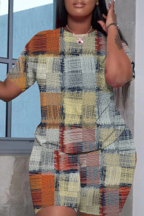 Multicolor Casual Print Basic O Neck Short Sleeve Two Pieces