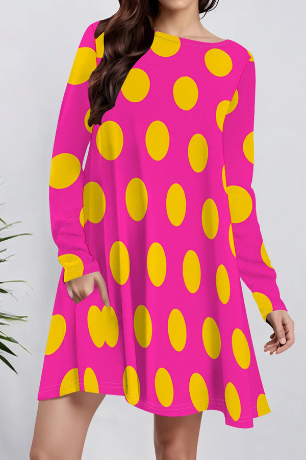 Rose Red Casual Print Pocket Patchwork O Neck A Line Dresses