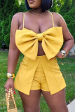 Yellow Sexy Solid Color Patchwork Backless Slit Spaghetti Strap Sleeveless Two Pieces