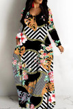 Apricot Casual Print Basic V Neck Long Dresses