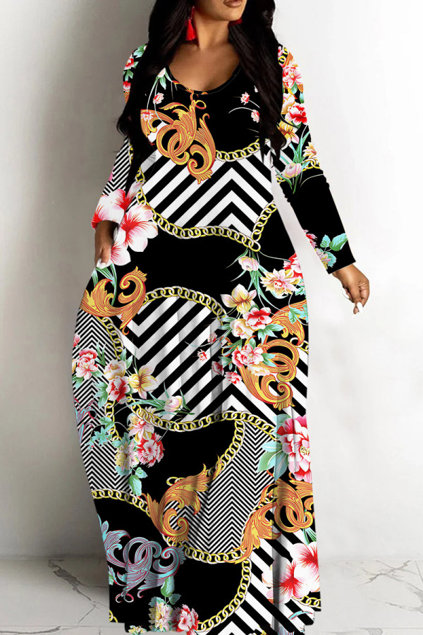 Black Orange Casual Print Basic V Neck Long Dresses