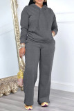 Grey Casual Solid Color Draw String Pocket Patchwork Slit Hooded Long Sleeve Two Pieces