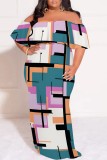 Multicolor Casual Print Patchwork Off Shoulder Long Plus Size Dresses