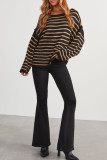 Black Brown Casual Stripe Patchwork Oblique Collar Tops