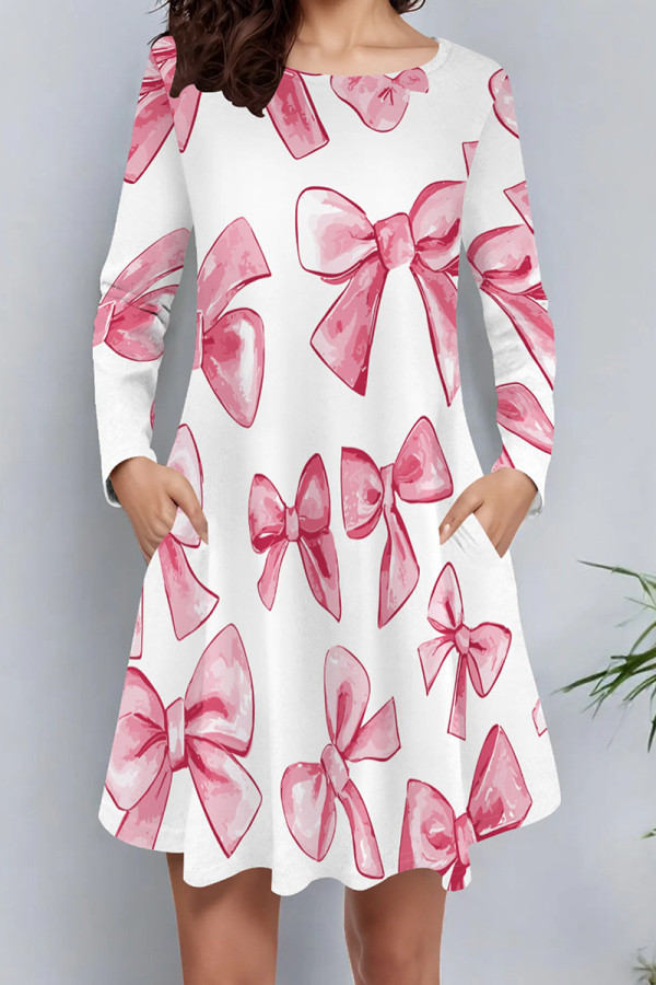 Pink Casual Print Pocket Patchwork O Neck A Line Dresses