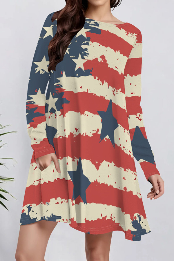Red Apricot Casual Print Pocket Patchwork O Neck A Line Dresses