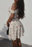 Apricot Elegant Print Patchwork Slit Oblique Collar Irregular Dresses