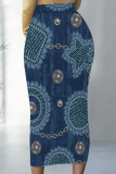 Deep Blue Casual Faux Denim Print Contrast Regular High Waist Full Print Bottoms