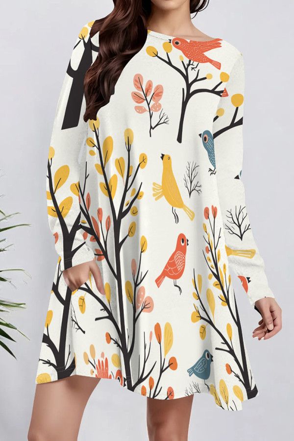 White Yellow Casual Print Pocket Patchwork O Neck A Line Dresses