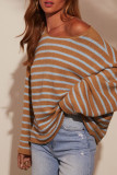 Black Brown Casual Stripe Patchwork Oblique Collar Tops
